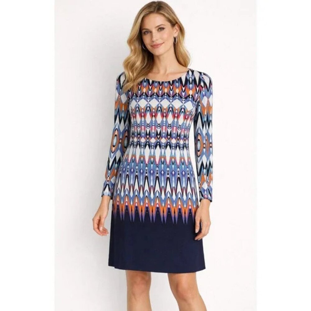 Vince Camuto Multicolor Blue Pink Orange Stretch Sheath Long Sleeve Dress Size 2